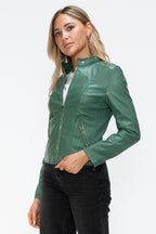 Snobbish Faux Leather Women Jacket Zip Hooded Pocketed Green Basic 9525ed24-764b-4bf8-a75a-7be350165422-Max Trendsi