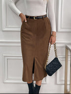 Midi Skirt Brown Perfee Front Slit with Pockets 952f96f8-d72e-43b4-97d4-9f43a403c2c3-Max Trendsi