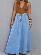 High-Waisted Denim Skirt with Belt Detail, 95% Cotton and 5% Spandex, No Stretch