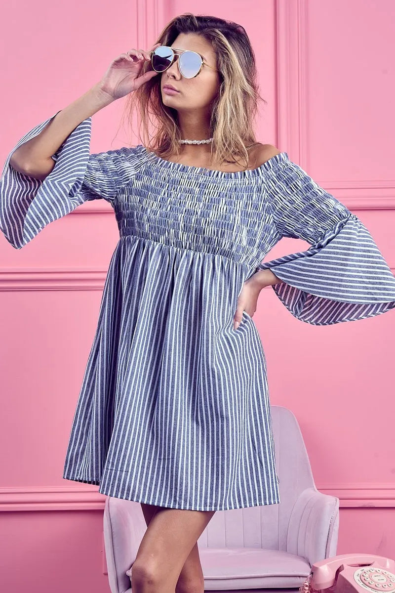 BiBi Short Dress Off Shoulder Denim Blue Striped Smocked Ruffled 95376bb4544a42db97234b72874e1348-Max-Origin Trendsi