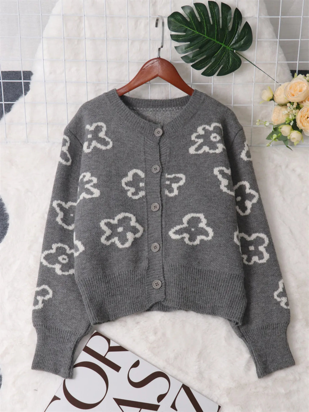 Women's Cardigan Floral Pattern Knit Button-Up Long Sleeve 9539cacbdcc64c82be303f01d6ea985e-Max-Origin Trendsi