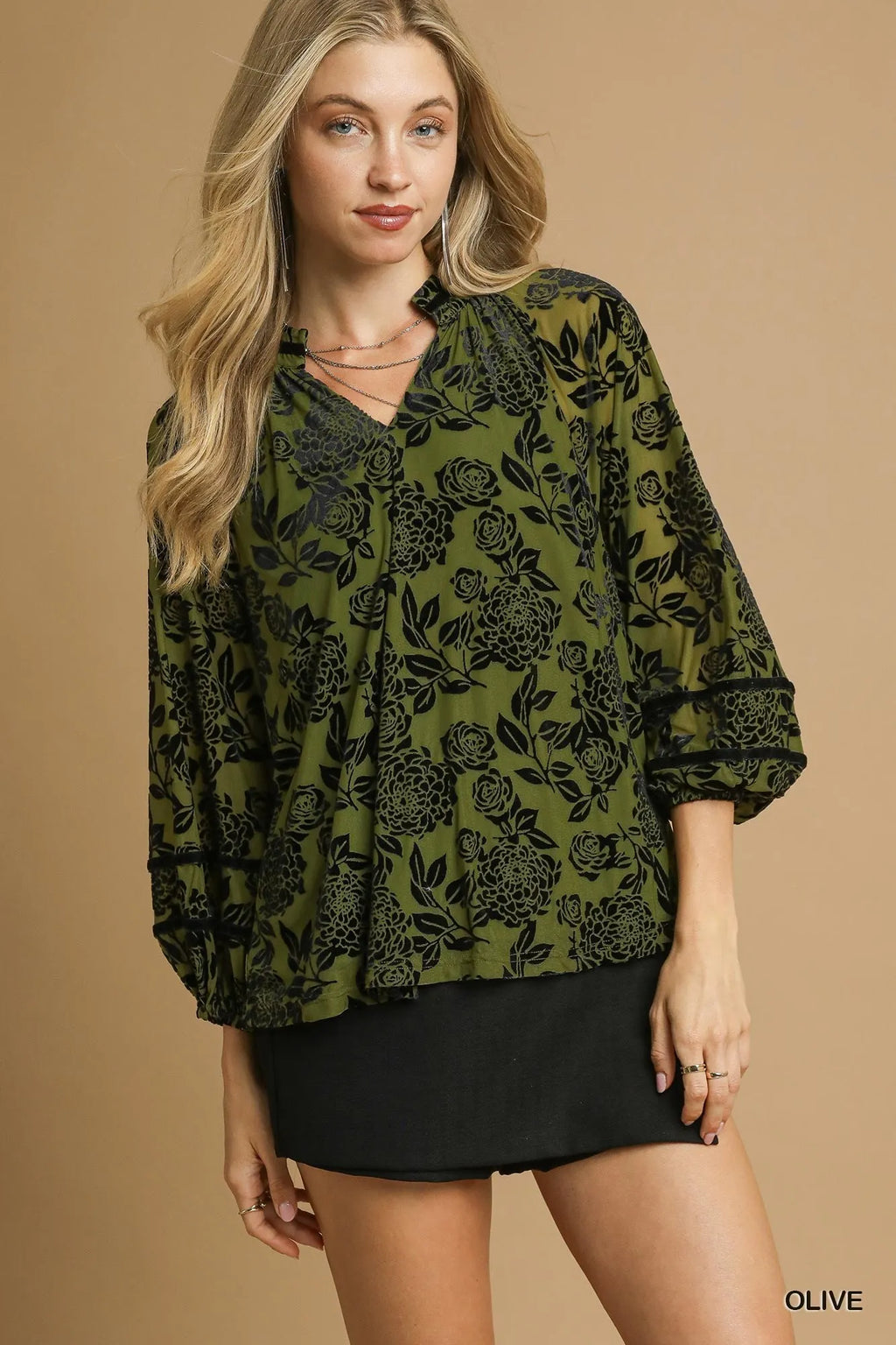 Umgee Velvet Blouse Olive Floral with Balloon Long Sleeves Top Olive 953a0be5-543b-4787-b319-4854ec812786-Max-Origin Trendsi