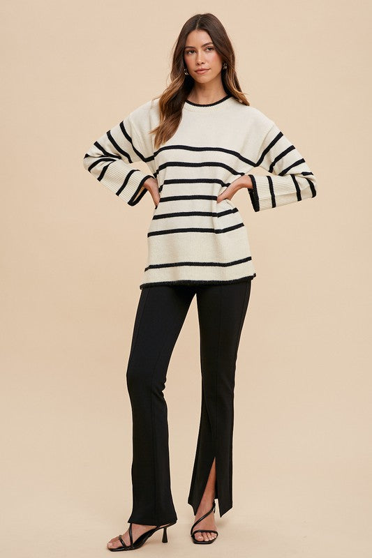 Annie Wear Women Sweater Striped Side Slit Round Neck Long Sleeve Pullover