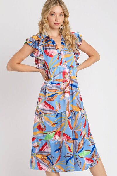 Umgee Ruffle Dress Leaf Colorful Print Plus Size Double Layered Short Sleeve PERIWINKLEMIX 9541dacb-f756-443e-9150-b872eb677340-Min Trendsi