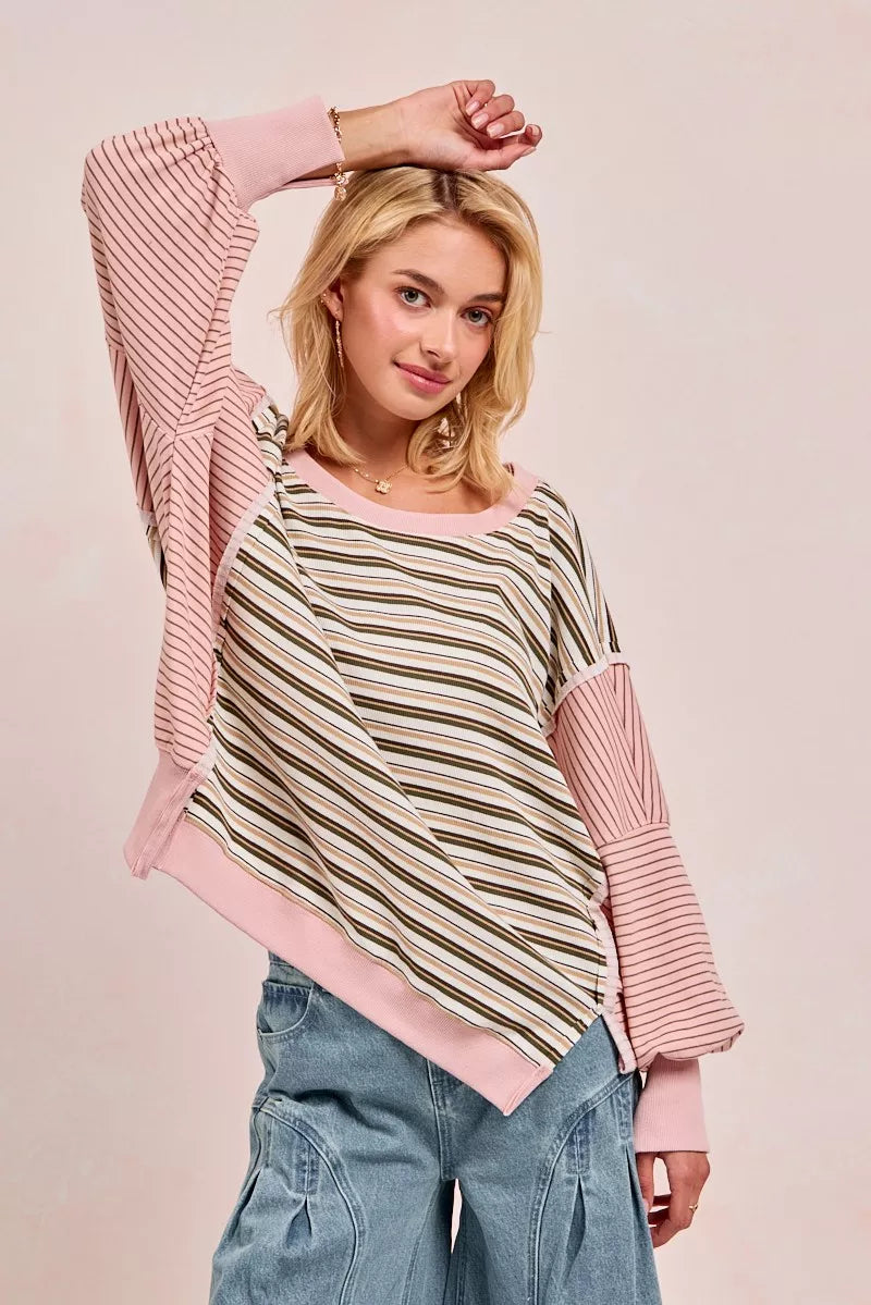 BiBi Womens Sweatshirt Stripe Mixed Top With Cut Edge And Reverse Outseam 95450328da9948c38f28c1800bf57f9f-Max-Origin Trendsi