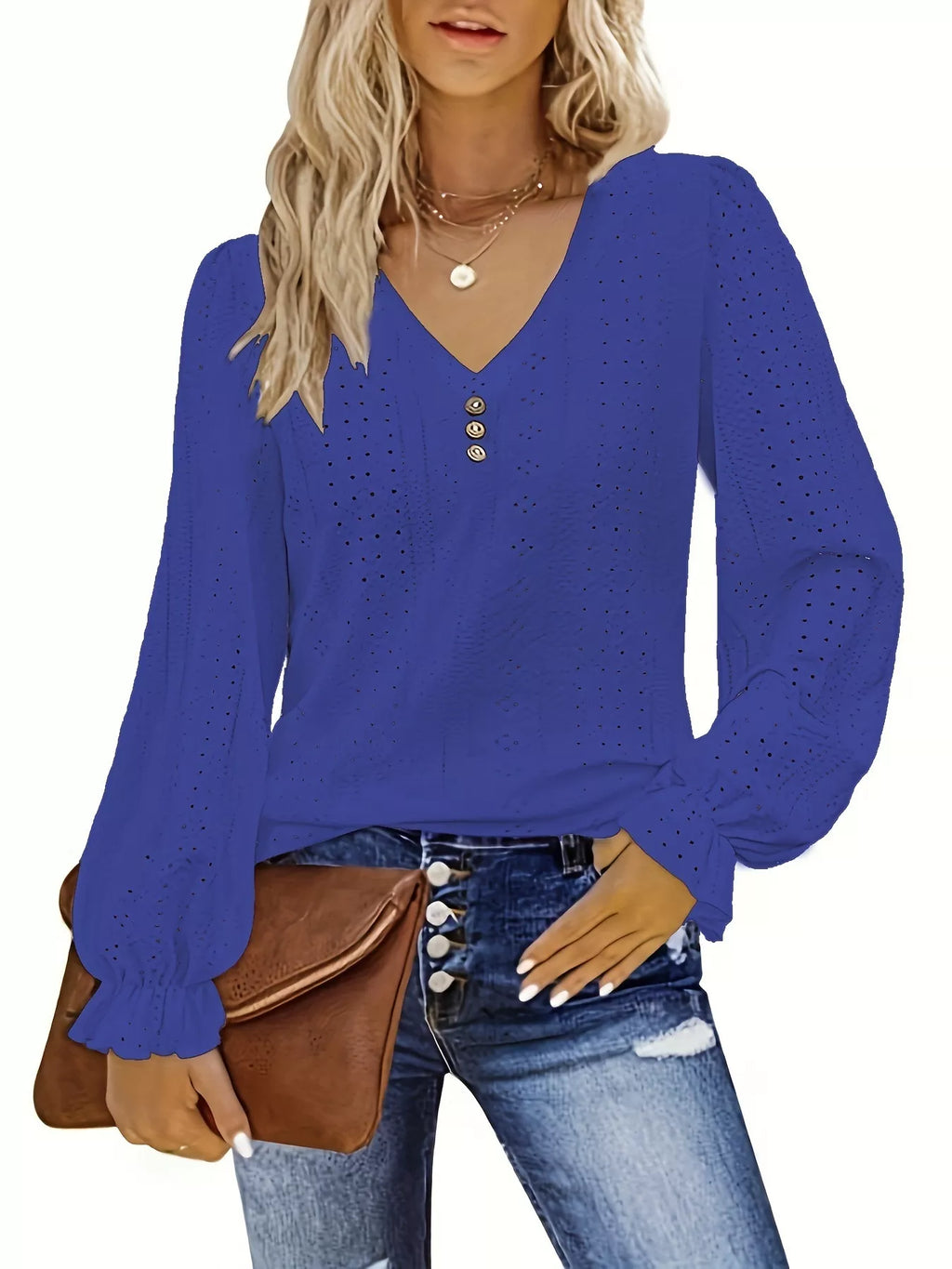 Plus Size Eyelet V-Neck Blouse with Flounce Sleeves