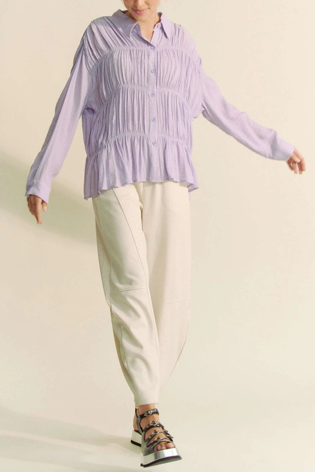 Davi & Dani Women's Shirt Ruched All Over Button Front Long Sleeve Top 954b60739c934bdfbaa67a7e0c067bd8-Max-Origin Trendsi