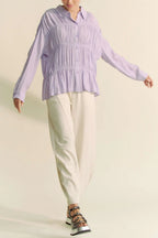 Davi & Dani Women's Shirt Ruched All Over Button Front Long Sleeve Top 954b60739c934bdfbaa67a7e0c067bd8-Max-Origin Trendsi