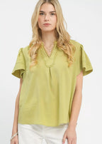 Umgee Seersucker Short Sleeve Top with Lace Trim