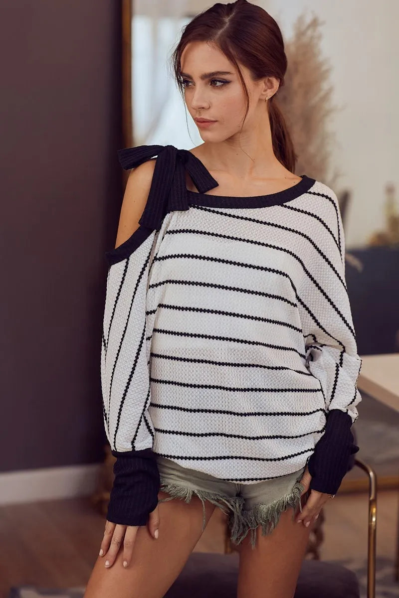 BiBi Blouse Stripe Yarn Dye Waffle One Shoulder Ribbon Detail Top 9553da72af8b41f8a999060734d0ce66-Max-Origin Trendsi