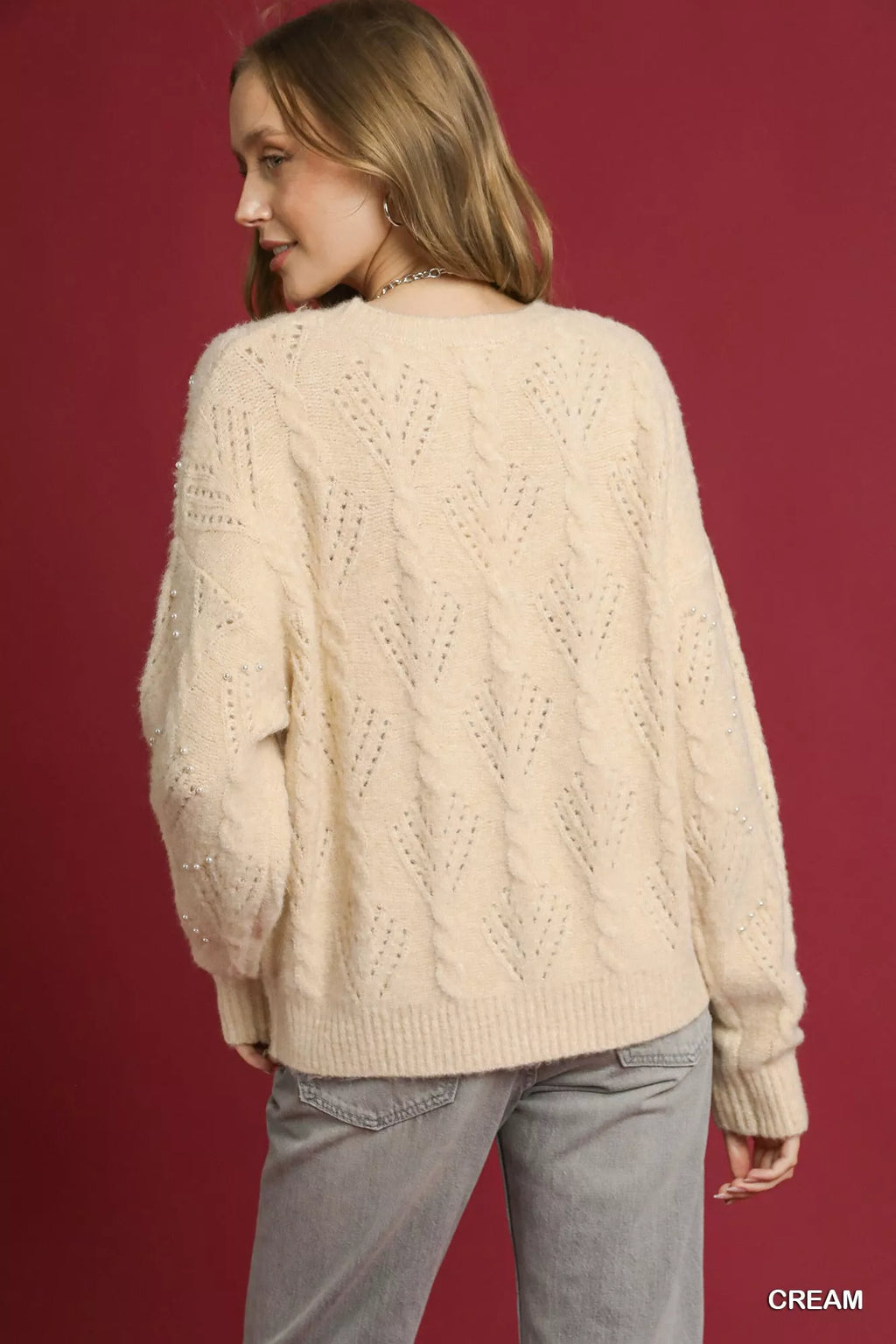 Umgee Sweater Pearl-Embellished Cream Wpemns' Long Sleeve Pullover 9556e75e-809a-4e0a-9d2d-f34e890797c1-Max-Origin Trendsi