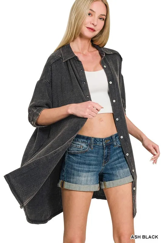 Zenana Shirt Dress Ash Black Washed Double Gauze Oversized Pocketed 955873dbe3c046febb6aa587b422b66f-Max-Origin Trendsi