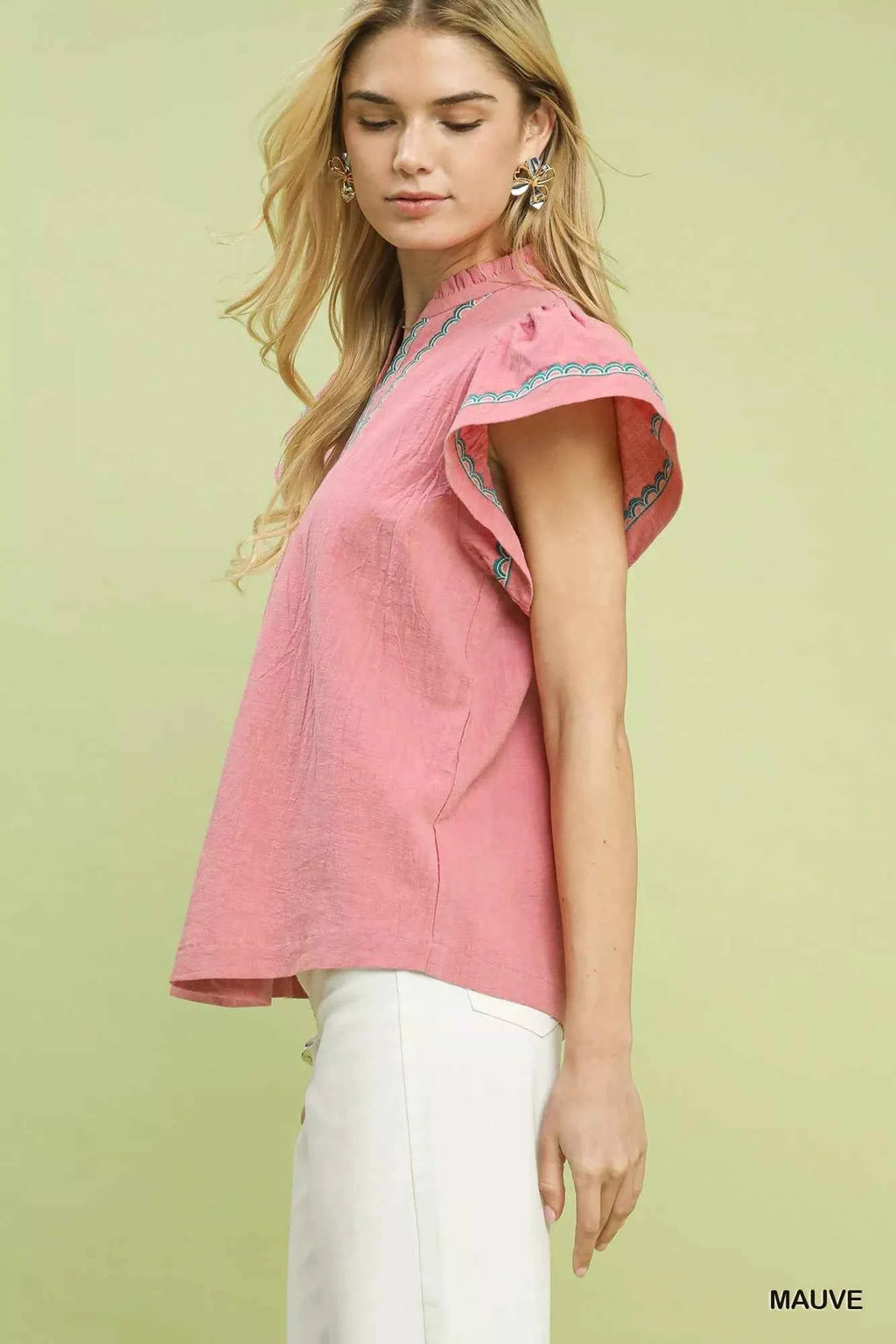 Umgee Embroidered Flutter Sleeve Blouse