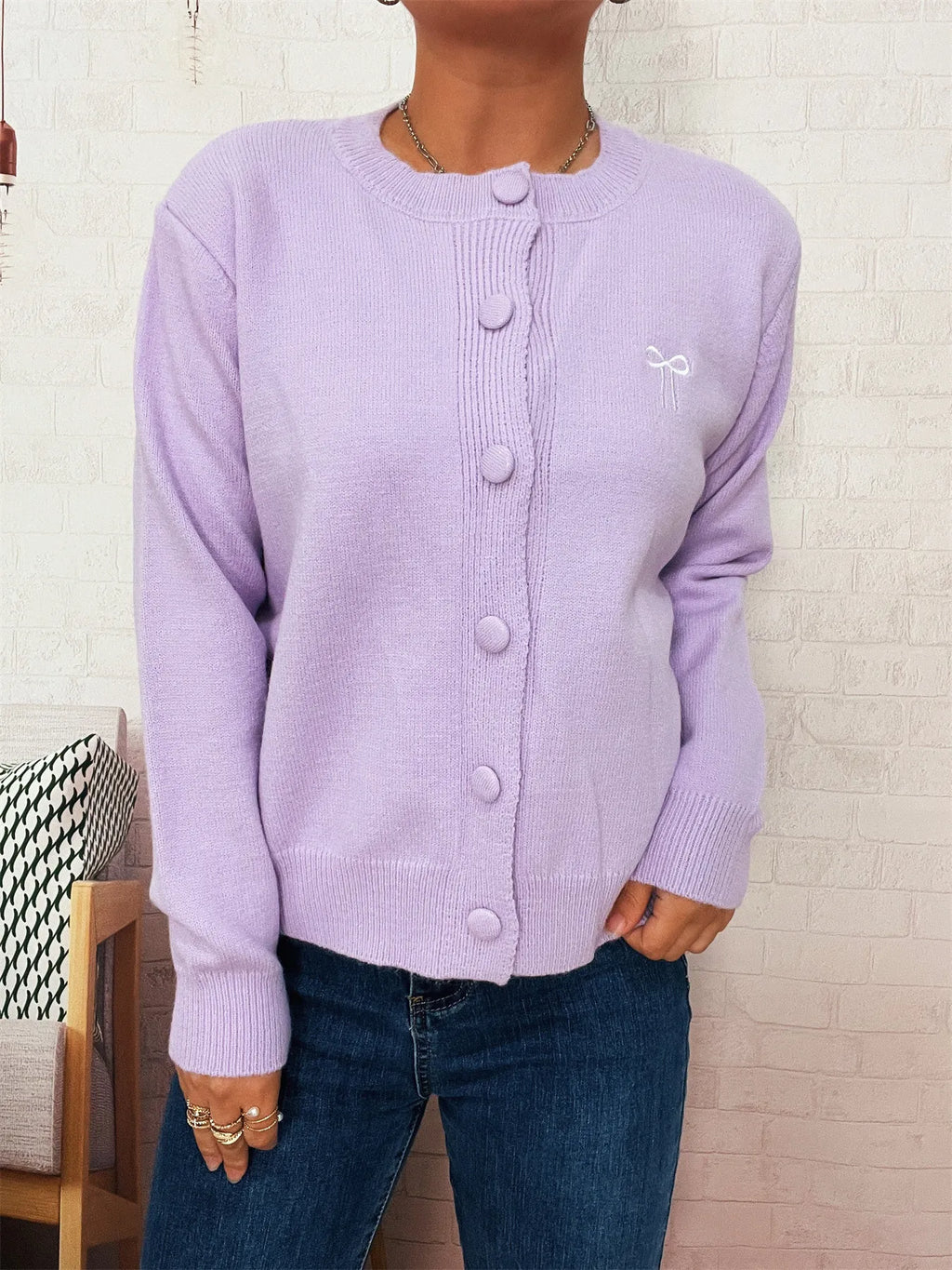 Women's Cardigan Button-Up Long Sleeve Embroidered Knit Purple One Size 956485812e2b475998b7465d039de5f2-Max-Origin Trendsi