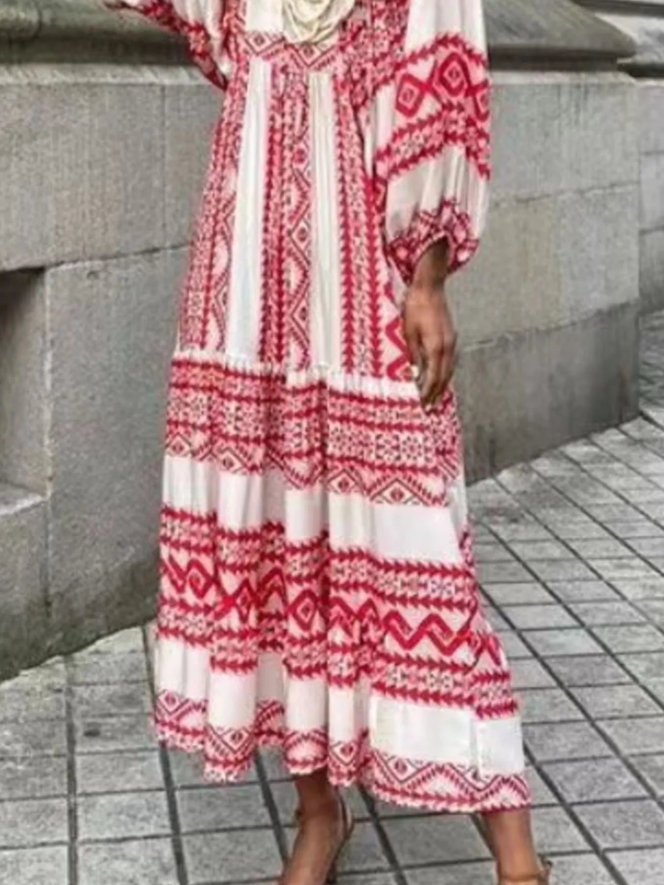 Maxi Dresses Colorful Printed V-Neck Balloon Short Sleeve Ruffled Oversized 9565ad26-56a9-466a-abd4-e20ad0dbc392-Max-Origin Trendsi