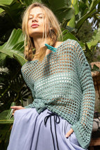 POL Knit Top Openwork Dusky Teal Side Slit Long Sleeve Cover Up DUSKY TEAL 9565bf52-7ac2-4b35-b2e3-1b8acb1575b1-Max Trendsi