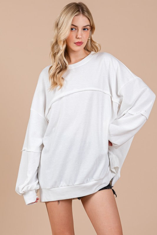 Ces Femme Sweatshirt White Oversized Exposed Seam Long Sleeve Top White 9577ff8f-456f-433f-8688-b4e50f2890d9-Max Trendsi