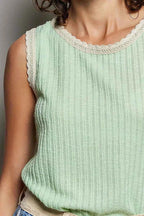 POL Ribbed Round Neck Tank with Lace Trim