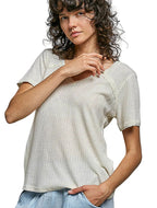 POL Lace Detail V-Neck Short Sleeve Textured T-Shirt
