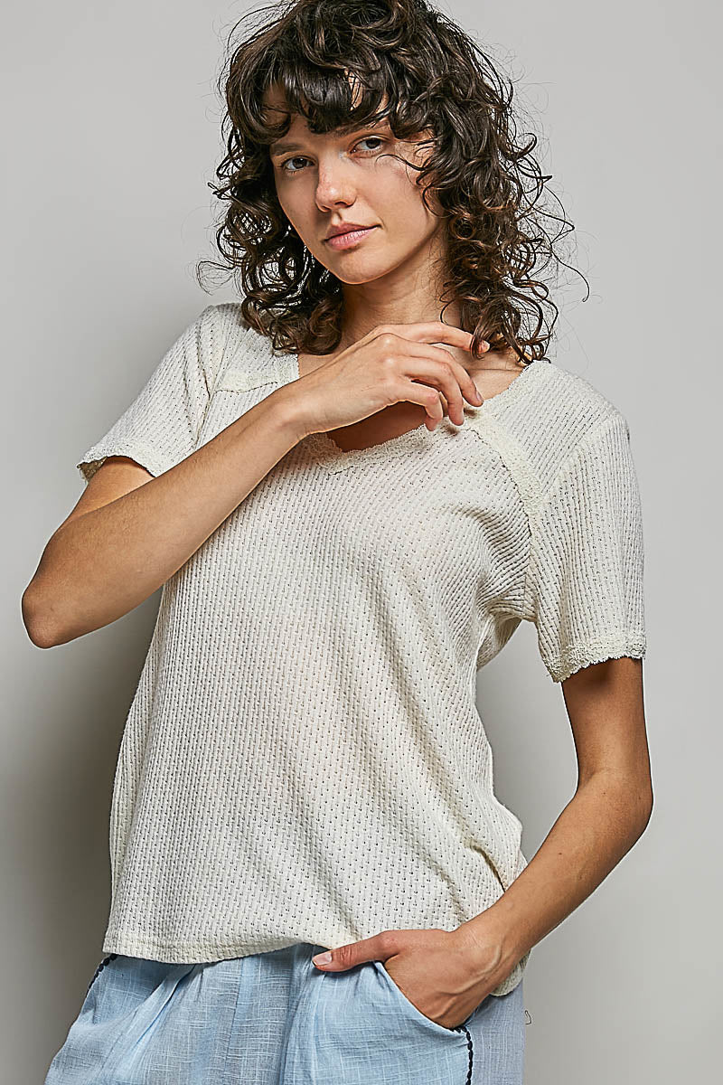 POL Lace Detail V-Neck Short Sleeve Textured T-Shirt