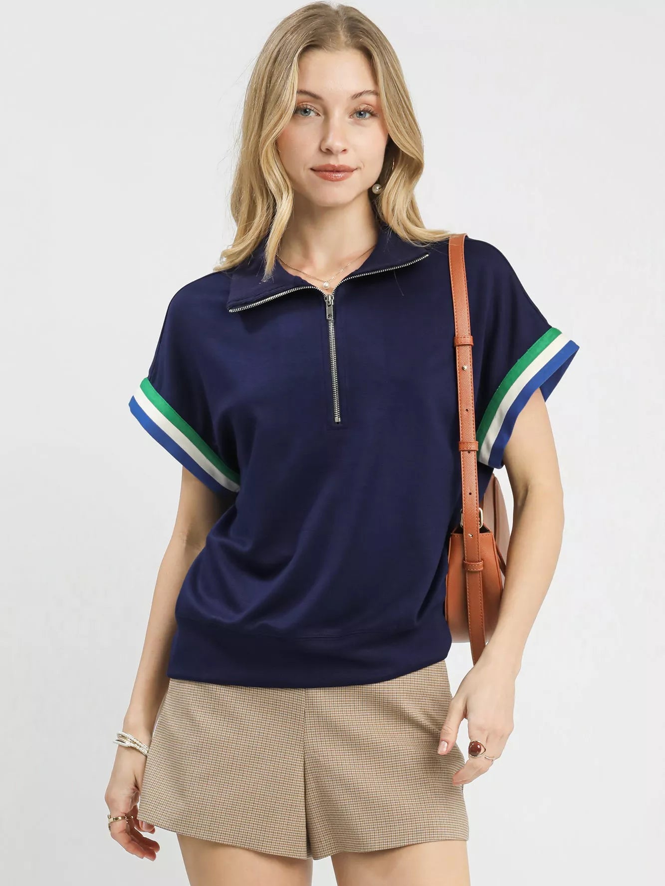 Umgee Blouse Zip Front Casual Top Navy Blue with Contrast Stripe Trim NAVY 95892ced-4265-42d8-b20c-5bc5a98482f1-Max-Origin Trendsi