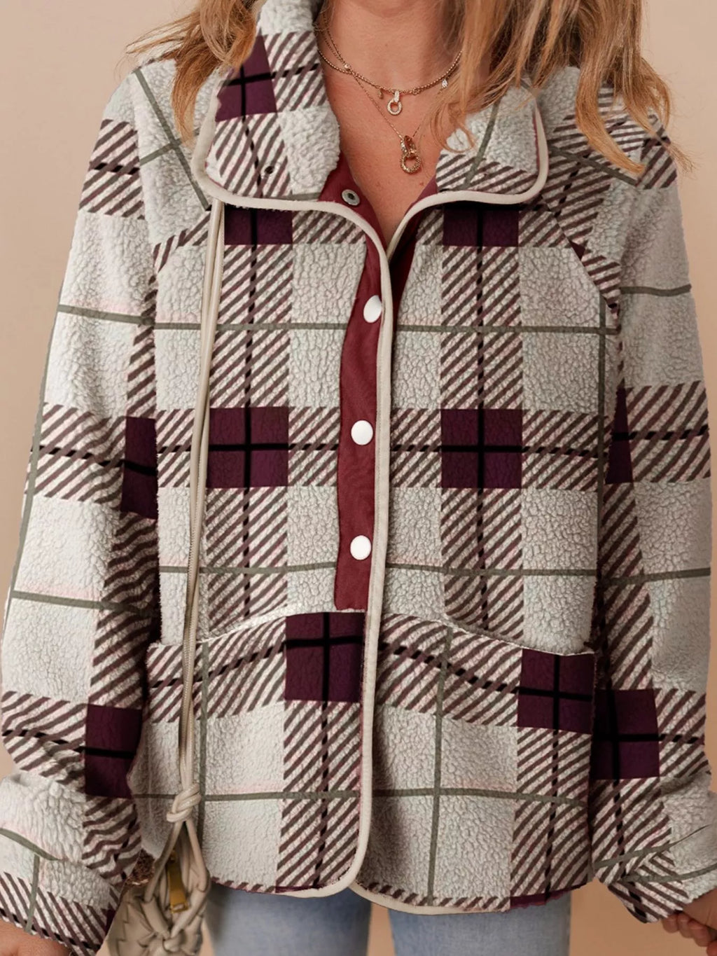 Women's Plaid Thick Fleece Jacket Buttoned Stand Collar Outwear Plaid 9590c636-8a82-4c7a-948e-476460465e4a-Max-Origin Trendsi