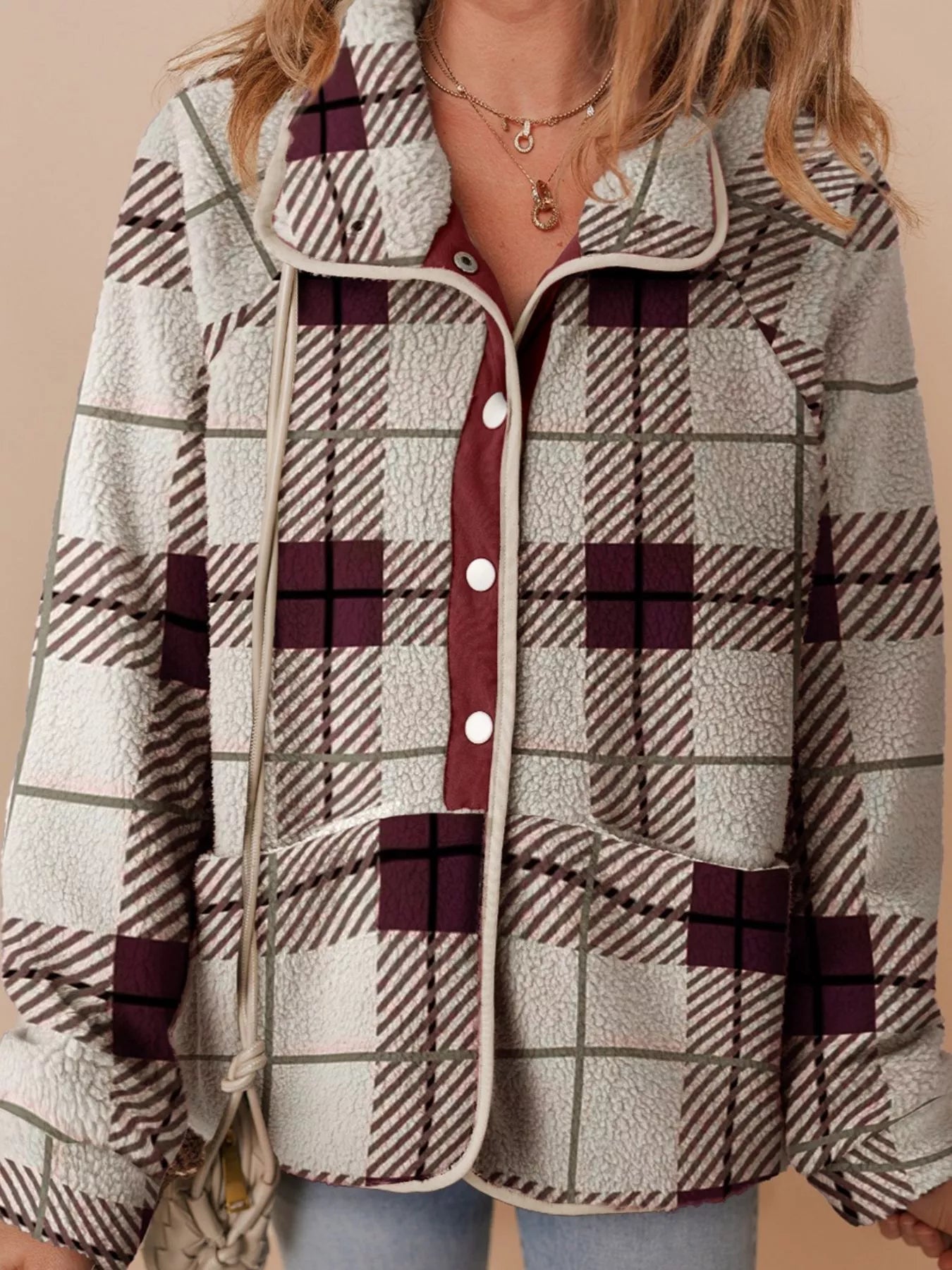 Women's Plaid Thick Fleece Jacket Buttoned Stand Collar Outwear Plaid 9590c636-8a82-4c7a-948e-476460465e4a-Max-Origin Trendsi