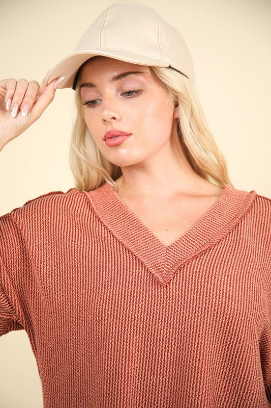 VERY J Women Blouse Two Tone Ribbed V-Neck Exposed Seam Top 959e0348-2e51-46dc-b756-cb4061ce3276-Max Trendsi