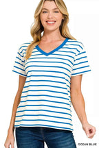 Zenana Striped V-Neck Short Sleeve T-Shirt