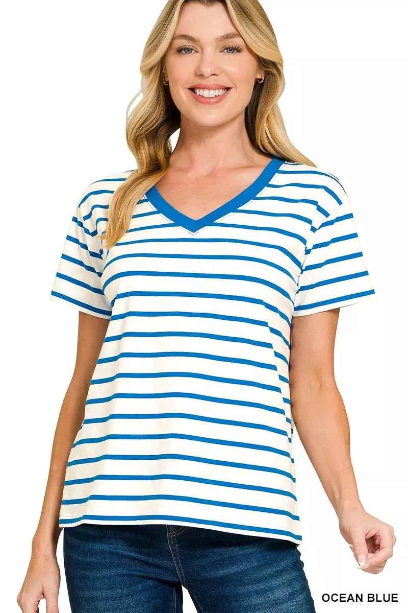 Zenana Striped V-Neck Short Sleeve T-Shirt