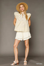 Umgee Blouse Eyelet Embroidered Ruffle Beige Natural Short Sleeve Top NATURAL 95b9533c-c162-411c-abbb-87694962b461-Max-Origin Trendsi