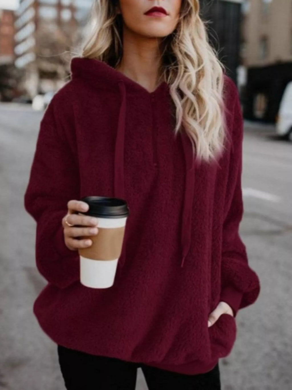 Womens Fleece Hoodie Half Zip Drawstring Hood Soft Top S-4XL Burgundy 95bd4972-49b0-4892-a958-98114371d733-Max-Origin Trendsi