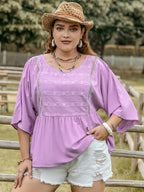 Plus Size Lace-Detail Round Neck Blouse with Three-Quarter Sleeves