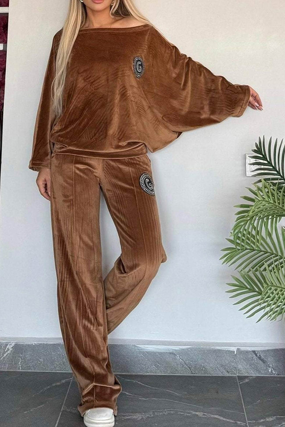 Outfit Set Women Velvet Full Size Boat Neck Long Sleeve Top and Pants Set 5XL Caramel 95c31e96-2229-414d-be2f-aaf19816c3ec-Max Trendsi