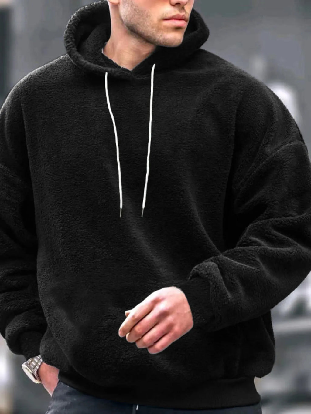 Men's Fleece Hoodie Cotton Drawstring Hood Long Sleeve Oversized Top Black 95cd197f225842ea9d2d58ba1fb8380f-Max-Origin Trendsi