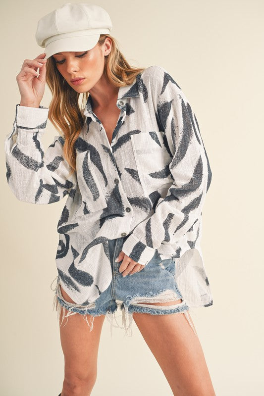 Aemi + Co Cotton Shirt High-Low White Printed Button Up Long Sleeve Top 95ceb0ce-af22-481d-b4ce-a037ad637501-Max Trendsi
