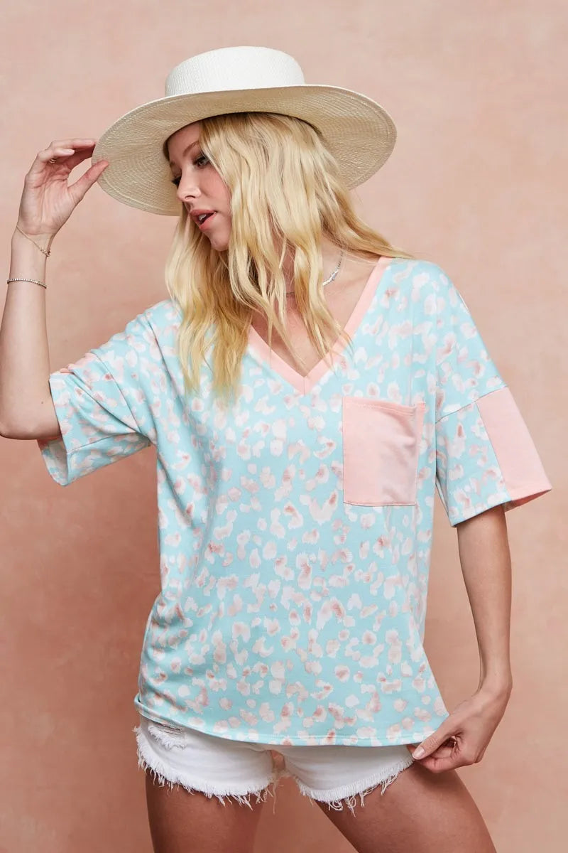 BiBi T-Shirt Mint Pink Multi Color Leopard Printed French Terry Pocketed Top 95d79d5fd7bc413cb7d4ea9797311ab4-Max-Origin Trendsi