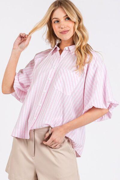 Mittoshop Shirt Striped Pink Puff Short Sleeve Button Down Top with Pocket 95eca23d-8e70-4acc-876e-e977c73c42f5-Min Trendsi