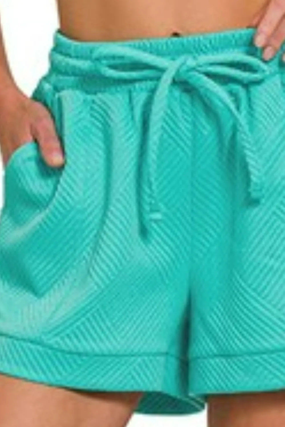 Zenana Turquoise Shorts Textured Knit Jacquard Drawstring Pocketed