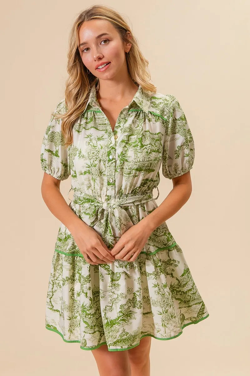 BiBi Mini Shirt Dress Floral Green Printed Tiered Belted Short Sleeve 95fd8430fa9b4a2399f87851858f5746-Max-Origin Trendsi