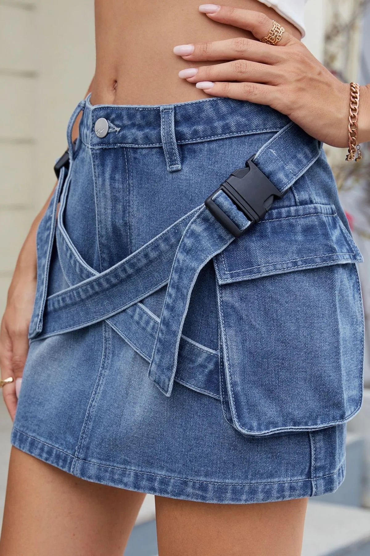 Denim Mini Skirt Criss-Cross Waist Detail with Crago Pockets Blue Black 960221d8-2b07-4257-b7d0-ea4b2a34913a-Max-Origin Trendsi