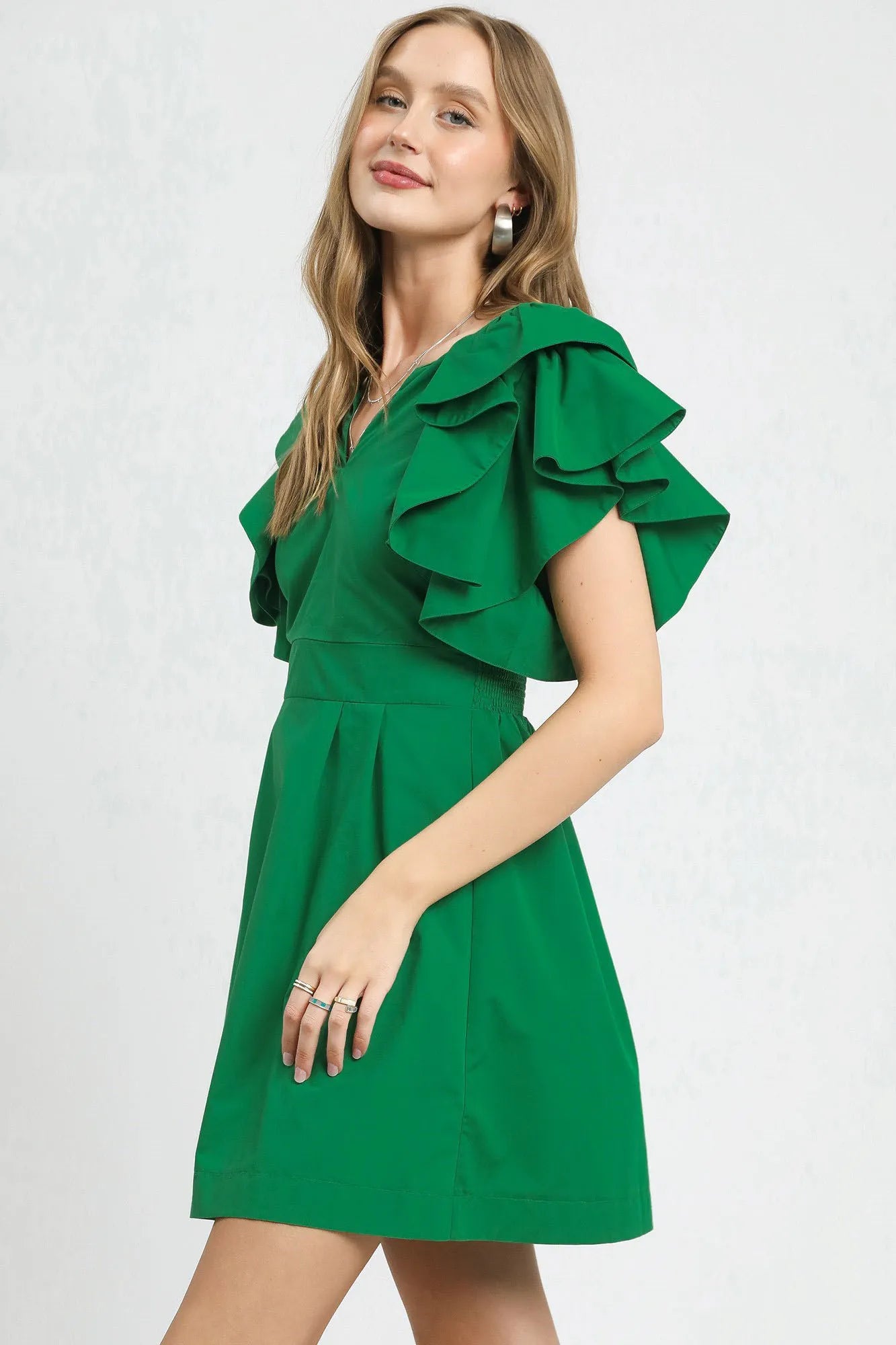 Umgee Mini Dress Green Double Ruffle Sleeve Fit and Flare Back Tied 9605bd16-0f61-401f-b169-271ad527bad9-Max-Origin Trendsi