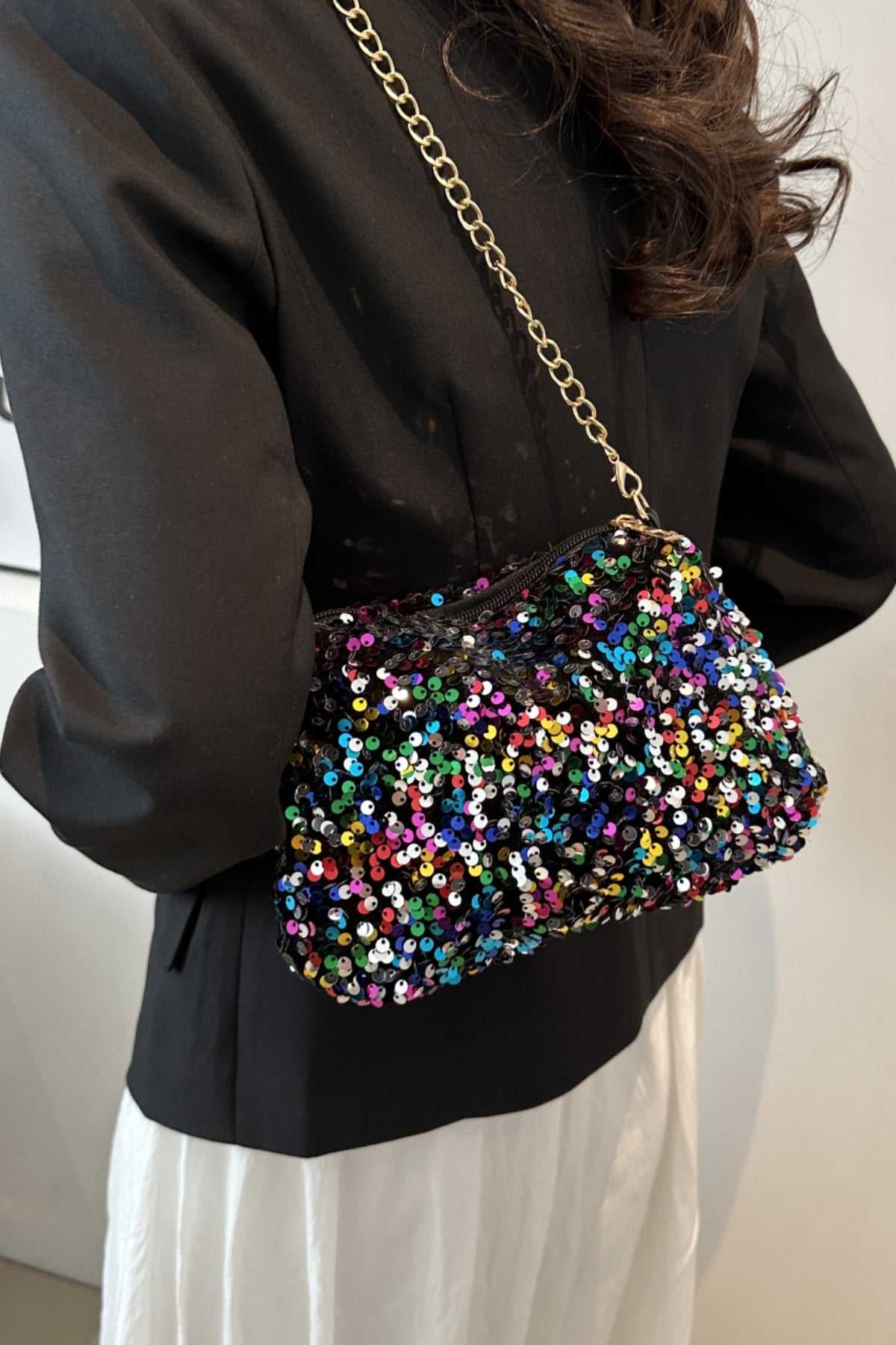 Sequin Shoulder Bag Women Small Chain Metal Strap Zipper Purses