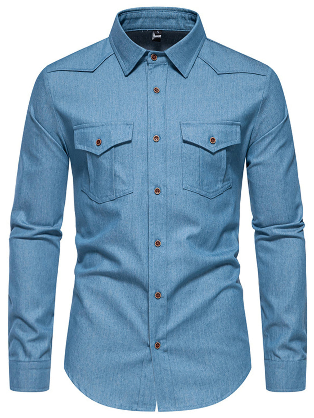 Men's Casual Long Sleeve Denim Shirt with Button Closures and Chest Pockets