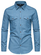 Men's Casual Long Sleeve Denim Shirt with Button Closures and Chest Pockets