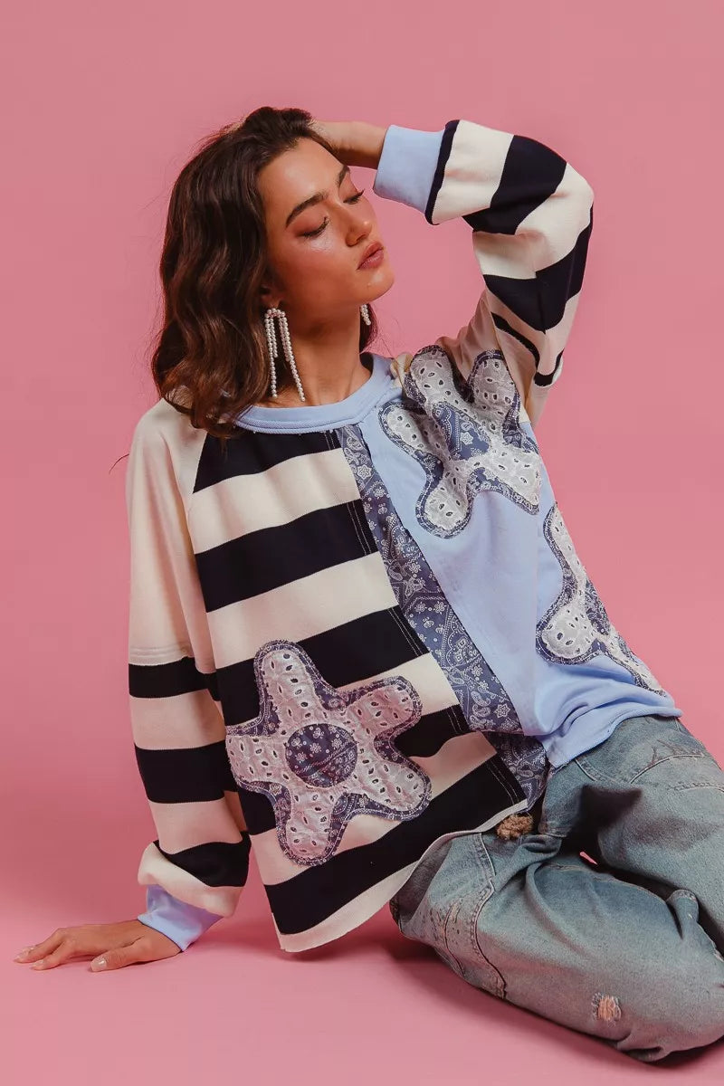 BiBi Sweatshirt Flower Patchwork Striped Round Neck Long Sleeve Top 96249ca28ded43f7b2f14535786bde0d-Max-Origin Trendsi