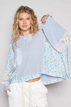 POL Womens Blouse Sky Blue Cropped Gauze Floral Top with Overlock Stitch 96259579-a925-4ad6-9c9a-f6c012c172f8-Max-Origin Trendsi