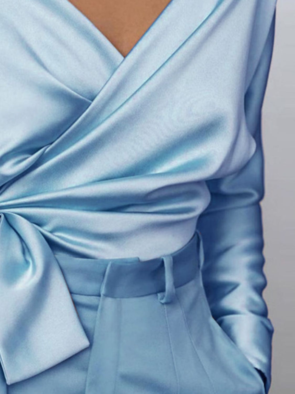 Women's Satin Blouse Surplice Cold Shoulder Long Sleeve Bow Tied Top 96283476-7c8b-4d63-9620-2f10b14508a7-Max Trendsi