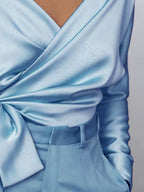 Women's Satin Blouse Surplice Cold Shoulder Long Sleeve Bow Tied Top 96283476-7c8b-4d63-9620-2f10b14508a7-Max Trendsi