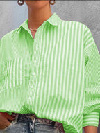 Women's Striped Shirt Button Down Long Sleeve Pink Pocketed Blouse Top 962a5dd0-b9f0-42ad-9e73-8905476a2961-Max Trendsi